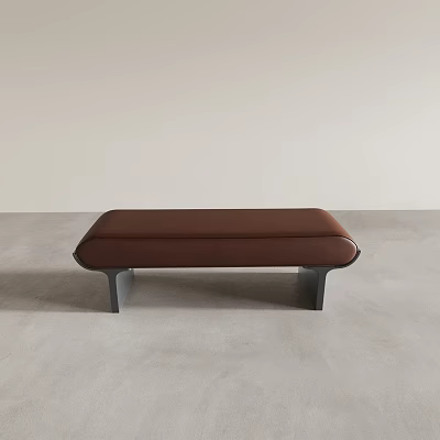 Modern Brown Leather Bench With Metal Legs On Gray Floor And Light Wall 3d model