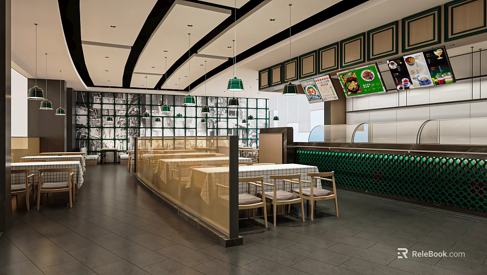 Modern Restaurant Interior With Open Layout Green Pendant Lights Glass Partitions And Gray Floor Tiles 3d model 
