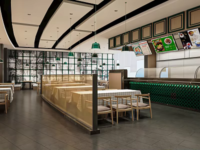 Modern Restaurant Interior With Open Layout Green Pendant Lights Glass Partitions And Gray Floor Tiles 3d model