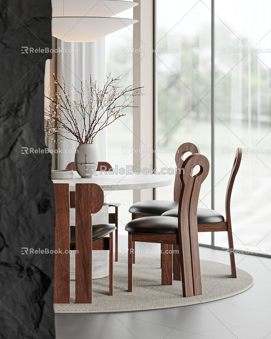 Modern Dining Table and Chair Combination Green Plant Ornaments Leisure Chair 3d model