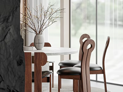 Modern Round Dining Set With Walnut Chairs Leather Seats And Large Windows Vase Branches 3d model
