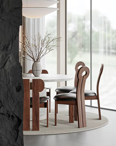 Modern Round Dining Set With Walnut Chairs Leather Seats And Large Windows Vase Branches 3d model