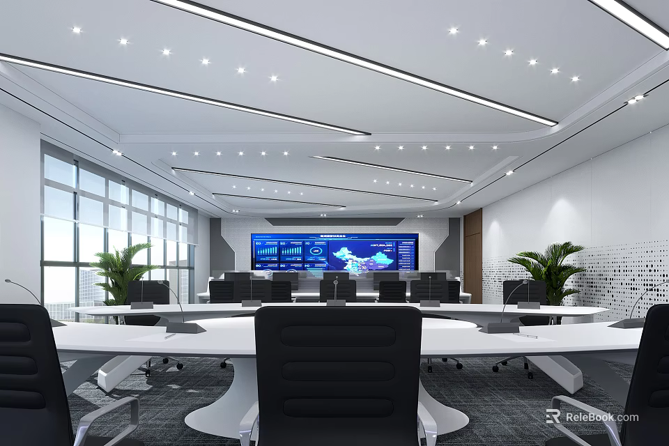 Modern Monitoring Room Interior Design With Large Screen Display Tables Chairs And Plants 3d model 