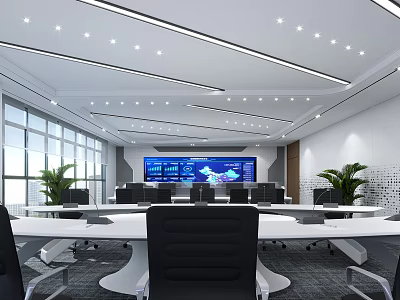 Modern Monitoring Room Interior Design With Large Screen Display Tables Chairs And Plants 3d model