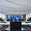 Modern Monitoring Room Interior Design With Large Screen Display Tables Chairs And Plants