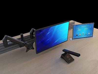Dual Monitor Workstation Setup With Adjustable Mount And Desk Microphone 3d model