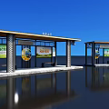 Modern Bus Stop With Shelter Billboards Blue Sky And Water Reflection