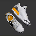 White Jordan Low Top Sneakers With Yellow Accents And Black Patterned Soles