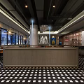 Modern Restaurant Interior With Bar Counter Tables Chairs Checkered Floor And Pendant Lights