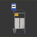 Modern Bus Stop With Blue Roof Metal Frame Wooden Bench Waste Bin And Signboard