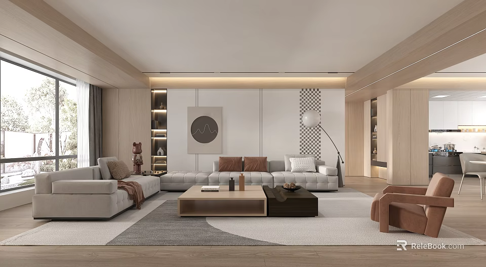 Modern Living Dining Area Interior With Sofa Coffee Table Rug Floor Lamp Decorative Painting Bookshelves 3d model 