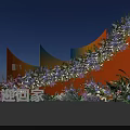 Welcome Home Decorative Setup With Orange Curved Structures Purple Pink Flowers And Green Plants