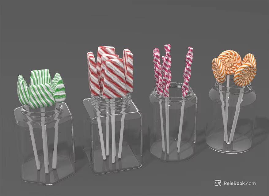 Colorful Striped And Swirled Lollipops In Transparent Glass Jars 3d model 
