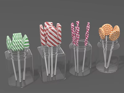 Colorful Striped And Swirled Lollipops In Transparent Glass Jars 3d model