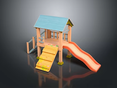 Colorful Wooden Children's Playhouse With Blue Roof Yellow Steps And Orange Slide 3d model
