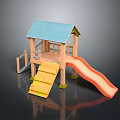 Colorful Wooden Children's Playhouse With Blue Roof Yellow Steps And Orange Slide