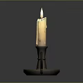 Burning White Candle On Decorative Metal Candlestick With Curved Handle And Tray