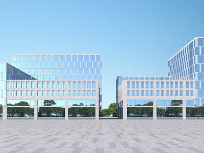 Modern Architectural Office Building Exterior With Glass Curtain Walls Spacious Plaza And Blue Sky 3d model