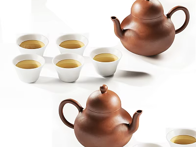Brown Ceramic Teapot And White Teacups With Yellow Tea On White Background 3d model