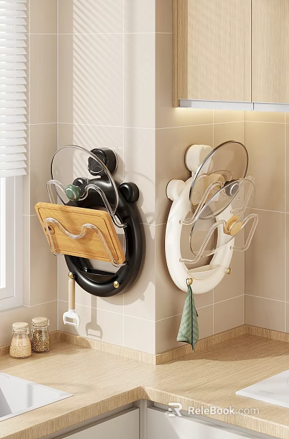 Practical Wall Mounted Kitchen Utensil Holders with Cutting Board Storage in Black and White Design 3d model 