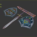 Decorative Weapons Collection With Blue Sword And Ornate Shields Featuring Colorful Emblems 3d model