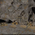 Ancient Cave Interior With Horned Statue Decorative Banners Pots Table And Shields