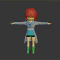 Cartoon Child with Red Hair Beige Coat Blue Top Black Shorts Arms Outstretched on Gray
