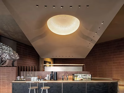 Modern Pantry Interior With Round Ceiling Light Bar Counter Brown Wall Tiles And Storage Shelves 3d model
