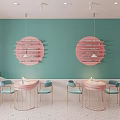 Pastel Living Room Interior With Pink Sofa Teal Walls Green Plants And Round Coffee Table