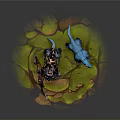 Red And Blue Armored Warrior With Horned Blue Creature On Mossy Green Platform