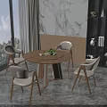 Modern Round Wooden Dining Table Set With Four Light Colored Chairs And Marble Wall 3d model