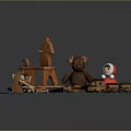 Children's Toy Scene With Wooden Carousel Teddy Bear Doll And Train On Blue Snowflake Carpet