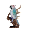 Decorative Ornament Set With White Blue Pink Feathered Parrot On Carved Brown Branch