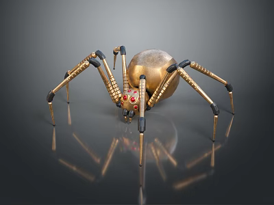 Golden Mechanical Spider Game Movie Character With Spherical Body Red Eyes Metallic Legs Reflective Surface 3d model