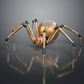 Golden Mechanical Spider Game Movie Character With Spherical Body Red Eyes Metallic Legs Reflective Surface