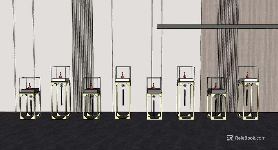 Modern Glass Display Shelves With Red Items In Interior Setting With Hanging Lights 3d model 