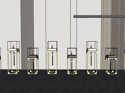 Modern Glass Display Shelves With Red Items In Interior Setting With Hanging Lights 3d model