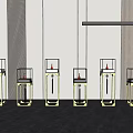 Modern Glass Display Shelves With Red Items In Interior Setting With Hanging Lights