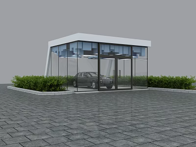 Modern Glass Structure Parking Garage with Car Inside Surrounded by Green Plants on Paved Ground 3d model