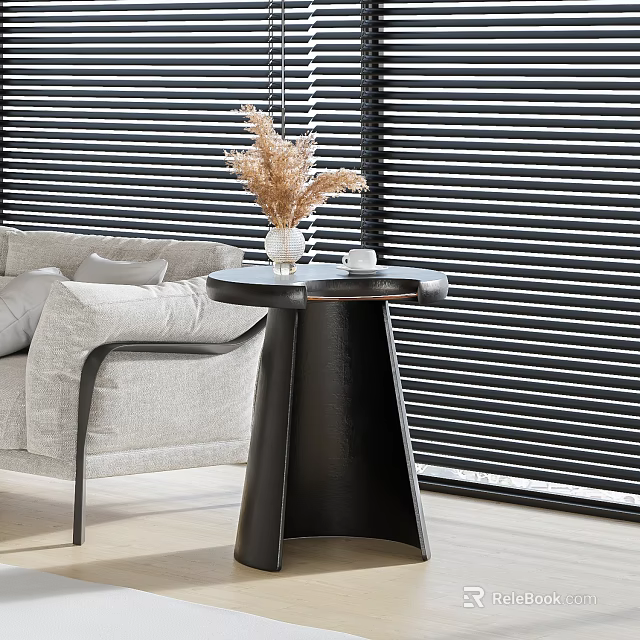 Modern Black Side Table With Dried Flower Vase And Gray Sofa In Living Room 3d model 