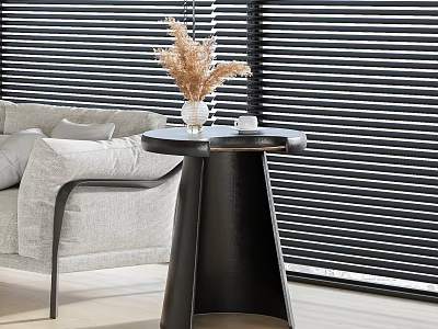 Modern Black Side Table With Dried Flower Vase And Gray Sofa In Living Room 3d model