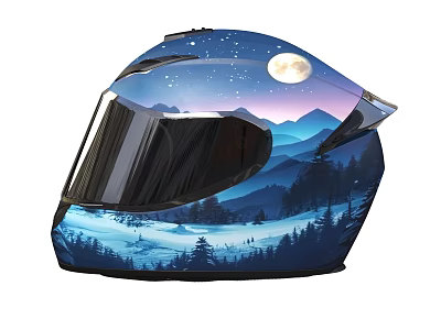 Stylish Motorcycle Helmet Featuring Starry Sky Moon And Snowy Mountain Forest Design 3d model