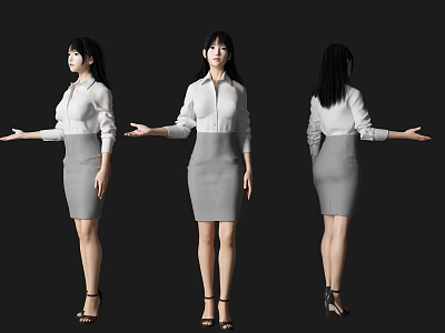 Three Different Angles of Woman Wearing White Shirt Gray Skirt Black High Heels Outstretched Hands 3d model