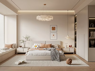 Modern Minimalist Bedroom With Bed Bedside Tables Wall Art Pendant Light Carpet And Window Seat 3d model