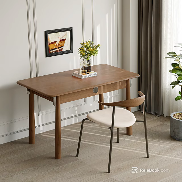 Wooden Desk Setup with Chair White Cushion Vase Green Plants Book Framed Artwork and Curtains 3d model 