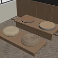 Japanese Style Room Interior With Wooden Benches And Round Cushions