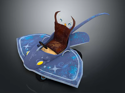 Blue Wing Shaped Fantasy Toy Seat With Star Moon Pattern And Small Animal Doll 3d model