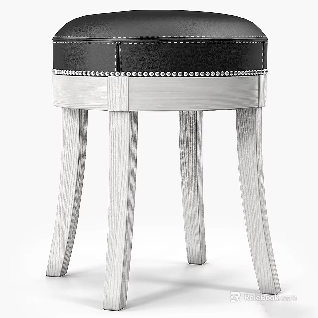 Round Black Leather Ottoman with Silver Rivet Trim and Light Wood Legs 3d model 
