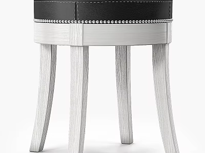 Round Black Leather Ottoman with Silver Rivet Trim and Light Wood Legs 3d model