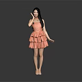 Elegant Woman With Long Black Hair In Orange Tiered Dress Waving Hand Against Gray Background 3d model